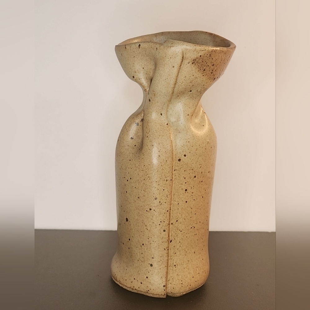 Vintage Gunny Sack Vase Studio Art Pottery Signed Canada 1970's Brown Tan Glaze